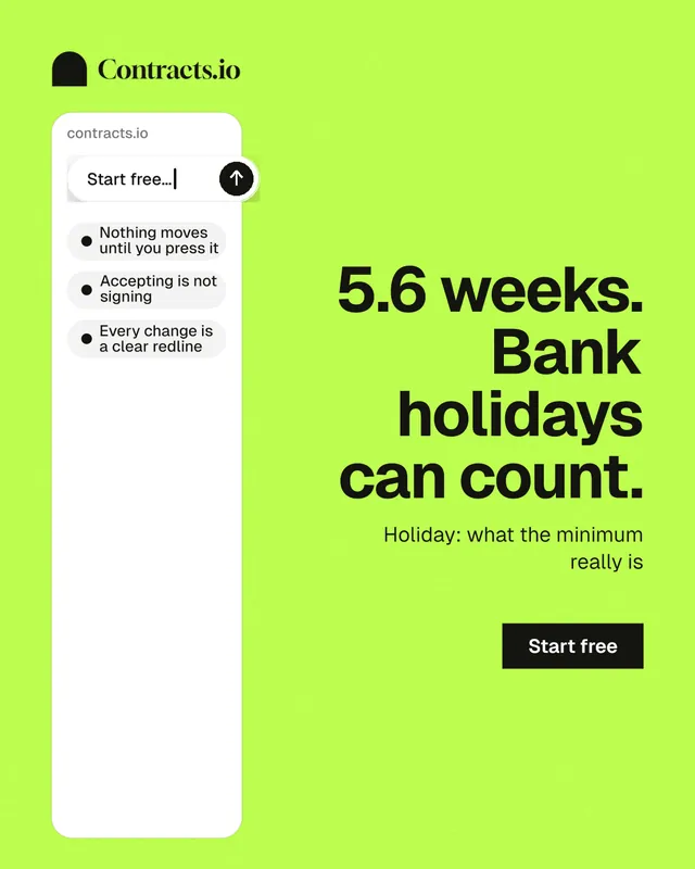 Instagram portrait post for contracts.io: "5.6 weeks. Bank holidays can count." Swiss style, right layout, light palette in green, white.