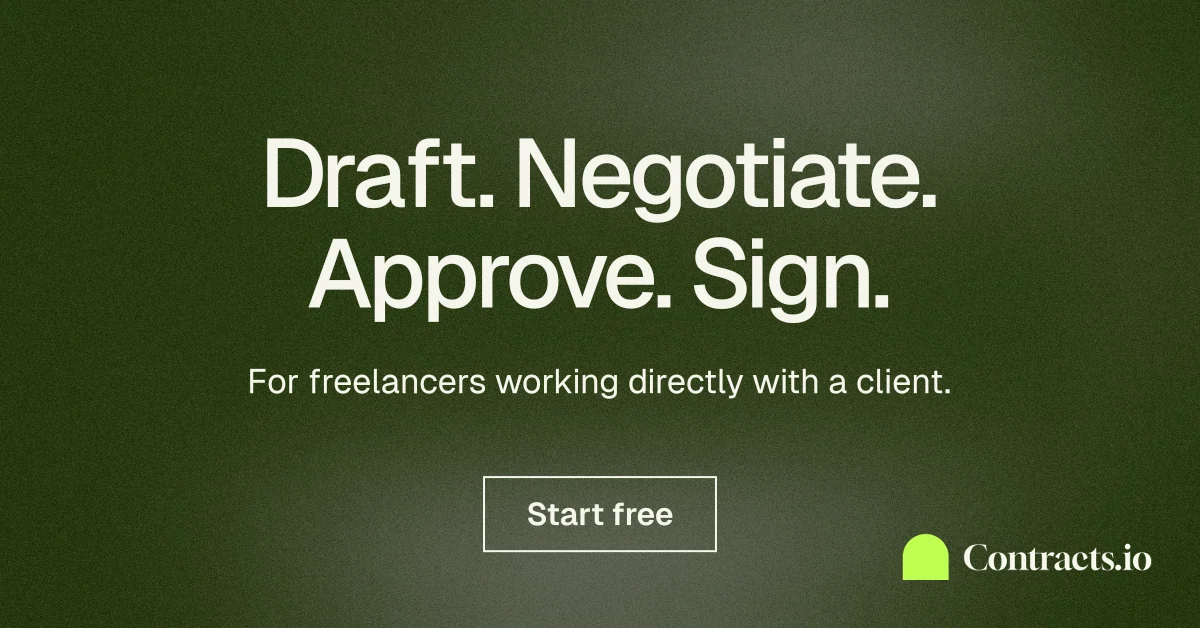 Social ad for contracts.io: "Draft. Negotiate. Approve. Sign." Cyanotype style, centred layout, dark palette in green, grey.