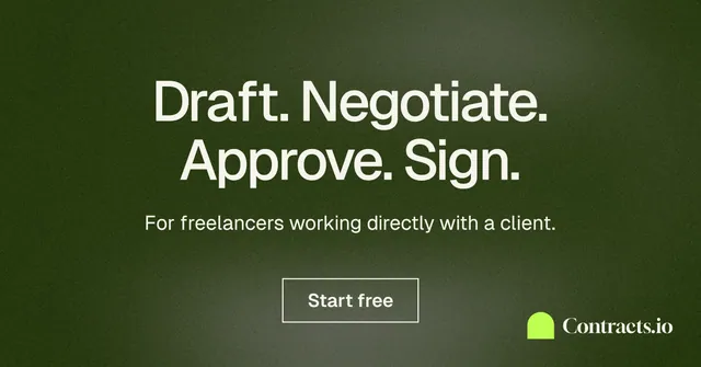 Social ad for contracts.io: "Draft. Negotiate. Approve. Sign." Cyanotype style, centred layout, dark palette in green, grey.
