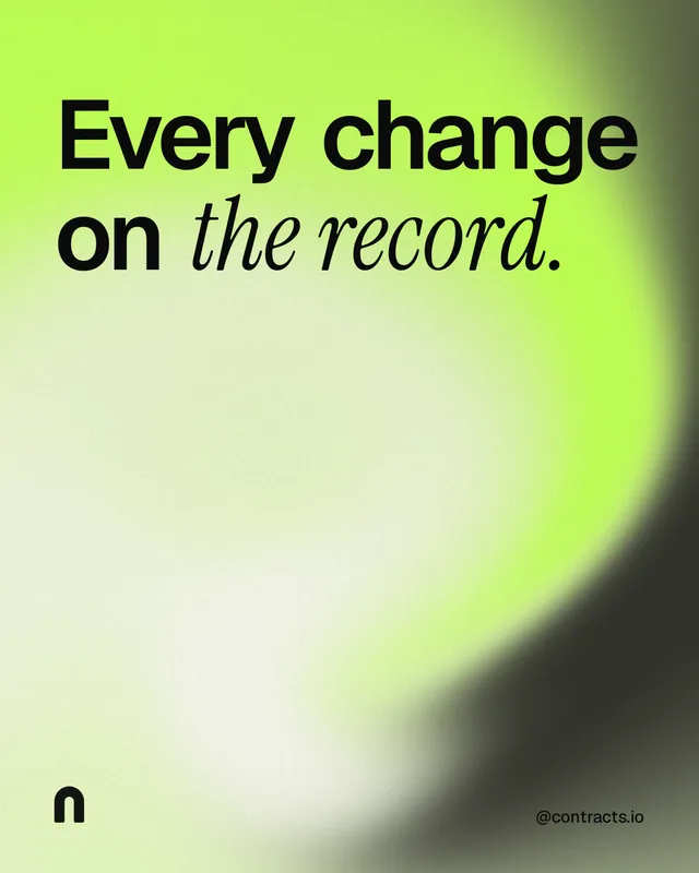 Instagram portrait post for contracts.io: "Every change on the record." Auto 4x5 style, technique:shader field layout, light palette in green, grey.