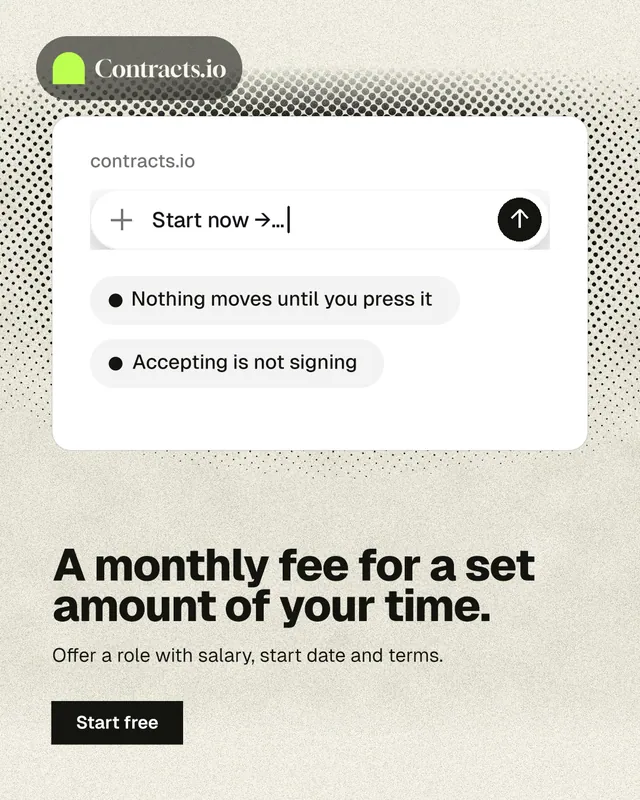 Instagram portrait post for contracts.io: "A monthly fee for a set amount of your time." Ink sticker style, bottom layout, light palette in yellow, white, grey.