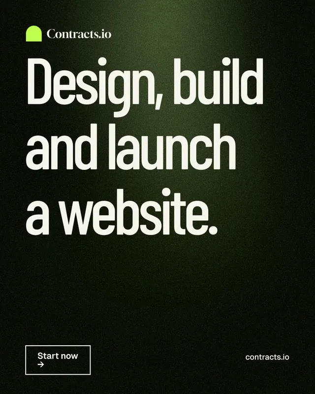Instagram portrait post for contracts.io: "Design, build and launch a website." Dark deco style, poster layout, dark palette in black, grey.
