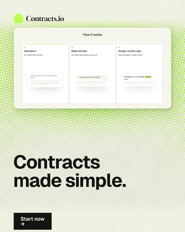 Instagram portrait post for contracts.io: "Contracts made simple." Swiss style, bottom layout, light palette in white, green, yellow.