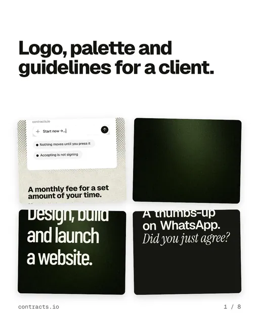 Carousel for contracts.io: "Logo, palette and guidelines for a client.". Collection carousel, 8 slides, light palette.