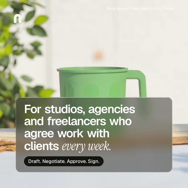 Instagram post for contracts.io: "For studios, agencies and freelancers who agree work with clients every week." Glass style, technique:pexels ingredient layout, light palette in grey, white, orange.