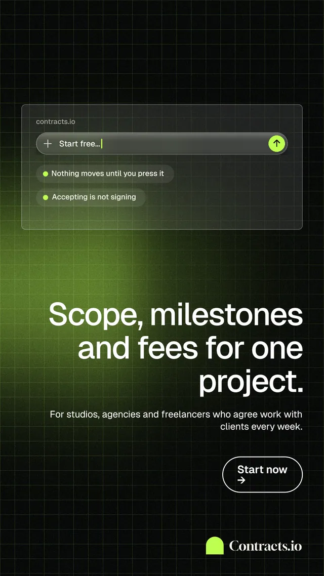Instagram story for contracts.io: "Scope, milestones and fees for one project." Phosphor atlas style, right layout, dark palette in black, green.