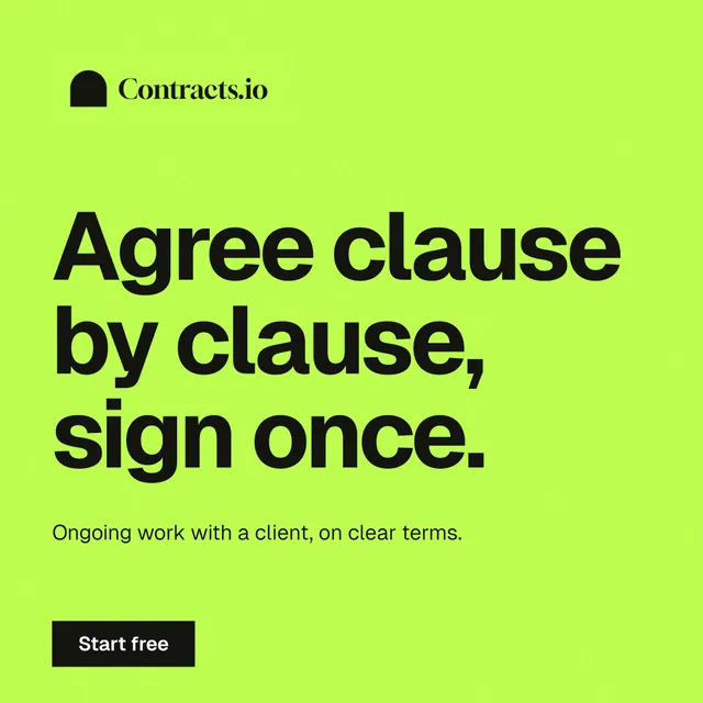Instagram post for contracts.io: "Agree clause by clause, sign once." Swiss style, announce layout, light palette in green.