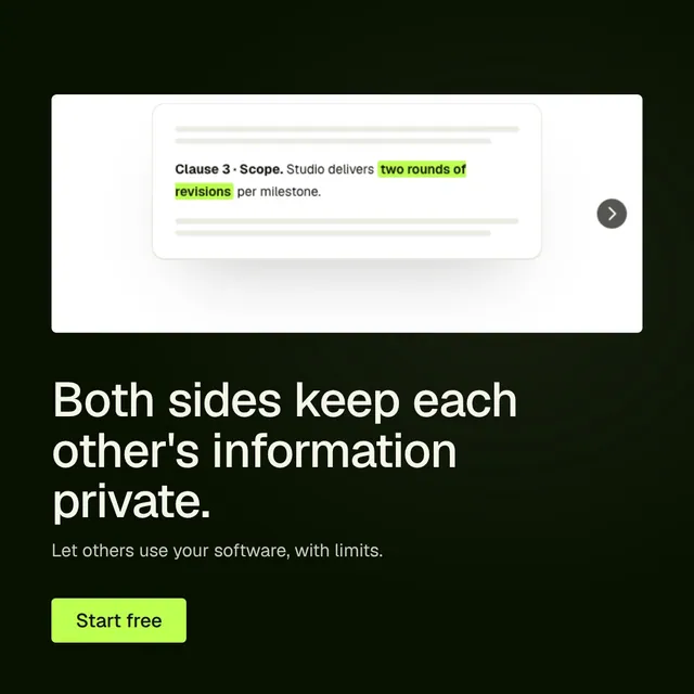 Video for contracts.io: "Both sides keep each other's information private.". Doc motion loop, 7.0 s, dark palette.