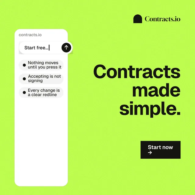 Instagram post for contracts.io: "Contracts made simple." Swiss style, right layout, light palette in green.