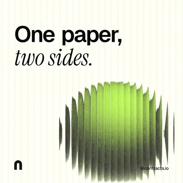 Instagram post for contracts.io: "One paper, two sides." Auto 1x1 style, technique:shader field layout, light palette in white, grey, green.