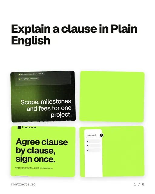 Carousel for contracts.io: "Explain a clause in Plain English". Collection carousel, 8 slides, light palette.