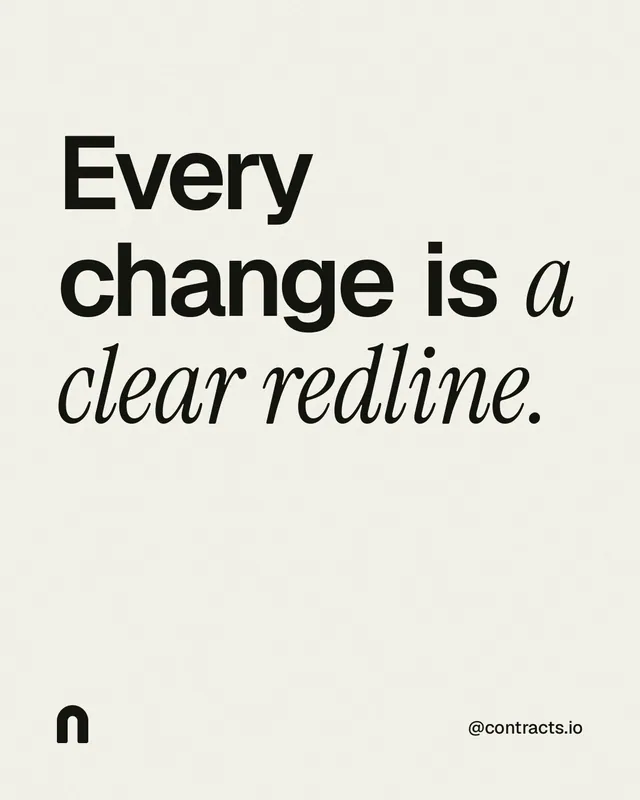 Instagram portrait post for contracts.io: "Every change is a clear redline." Editorial style, technique:mixed type lockup layout, light palette in white, grey.