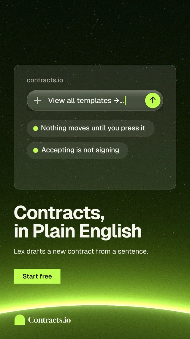 Instagram story for contracts.io: "Contracts, in Plain English". Swiss style, bottom layout, dark palette in green, black.