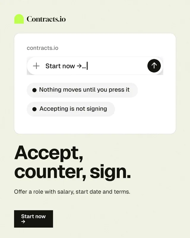 Instagram portrait post for contracts.io: "Accept, counter, sign." Swiss style, bottom layout, light palette in white, grey.