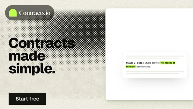 Landscape graphic for contracts.io: "Contracts made simple." Ink sticker style, bottom layout, light palette in white, grey.