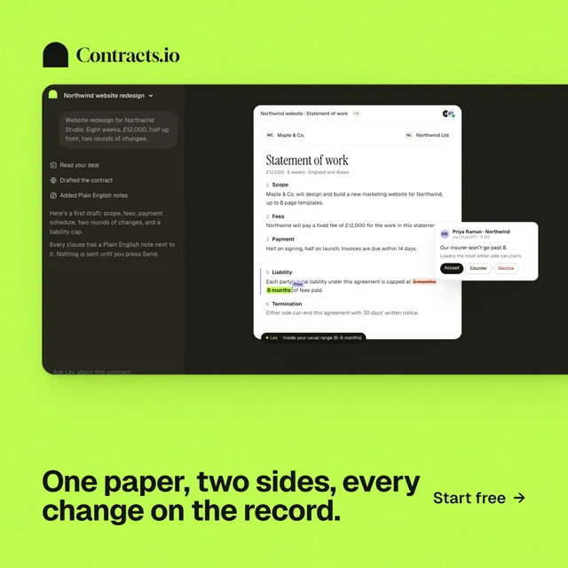 Instagram post for contracts.io: "One paper, two sides, every change on the record." Swiss style, image led layout, light palette in green, black.