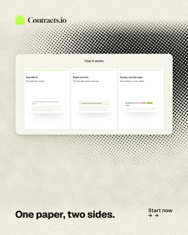 Instagram portrait post for contracts.io: "One paper, two sides." Ink sticker style, image led layout, light palette in yellow, white, grey.