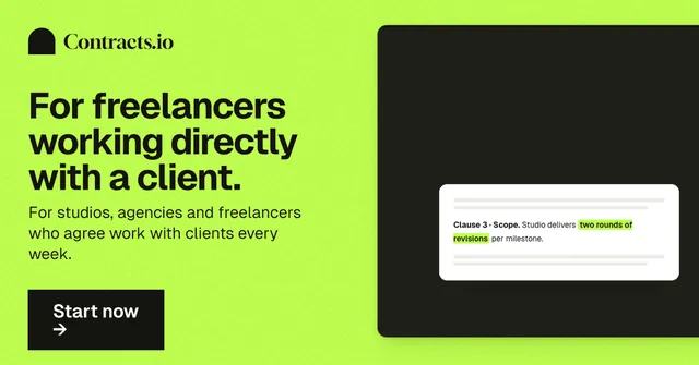 Social ad for contracts.io: "For freelancers working directly with a client." Swiss style, bottom layout, light palette in green, black.