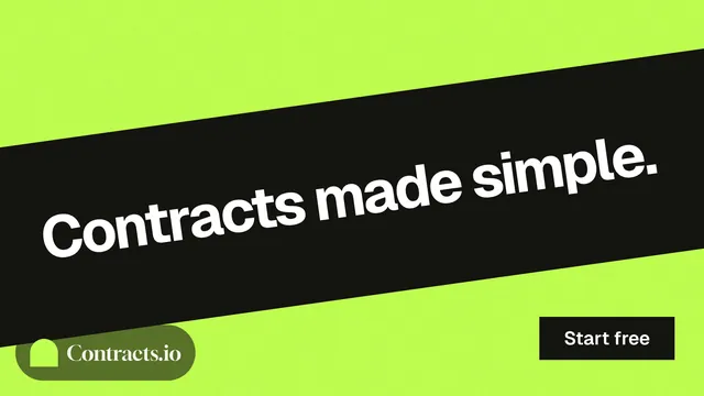 Landscape graphic for contracts.io: "Contracts made simple." Swiss style, diagonal layout, light palette in green, black.