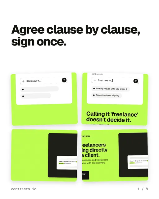 Carousel for contracts.io: "Agree clause by clause, sign once.". Collection carousel, 8 slides, light palette.