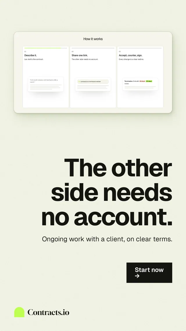 Instagram story for contracts.io: "The other side needs no account." Swiss style, right layout, light palette in white, grey.