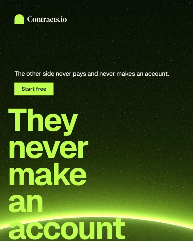 Instagram portrait post for contracts.io: "They never make an account." Swiss style, oversized layout, dark palette in black, green.