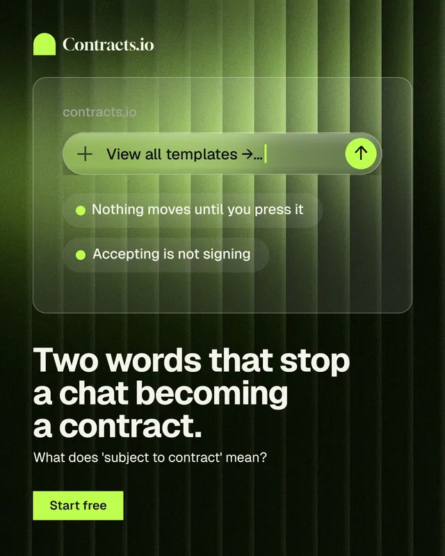 Instagram portrait post for contracts.io: "Two words that stop a chat becoming a contract." Swiss style, bottom layout, dark palette in green, black.