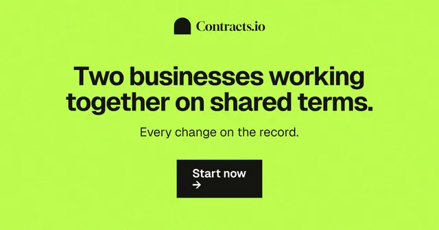 Social ad for contracts.io: "Two businesses working together on shared terms." Swiss style, centred layout, light palette in green.