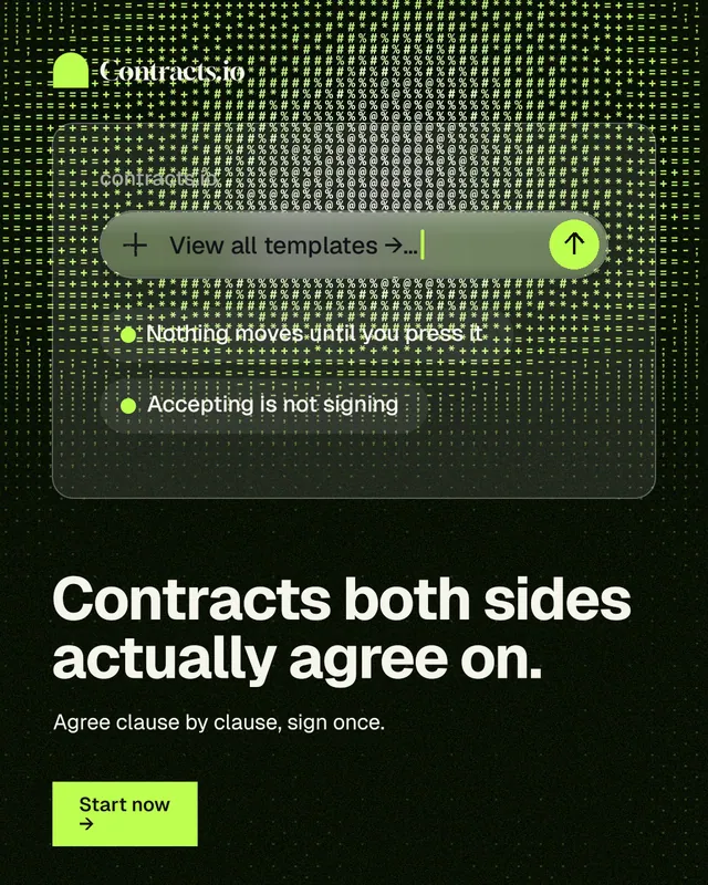 Instagram portrait post for contracts.io: "Contracts both sides actually agree on." Swiss style, bottom layout, dark palette in black, green, grey.