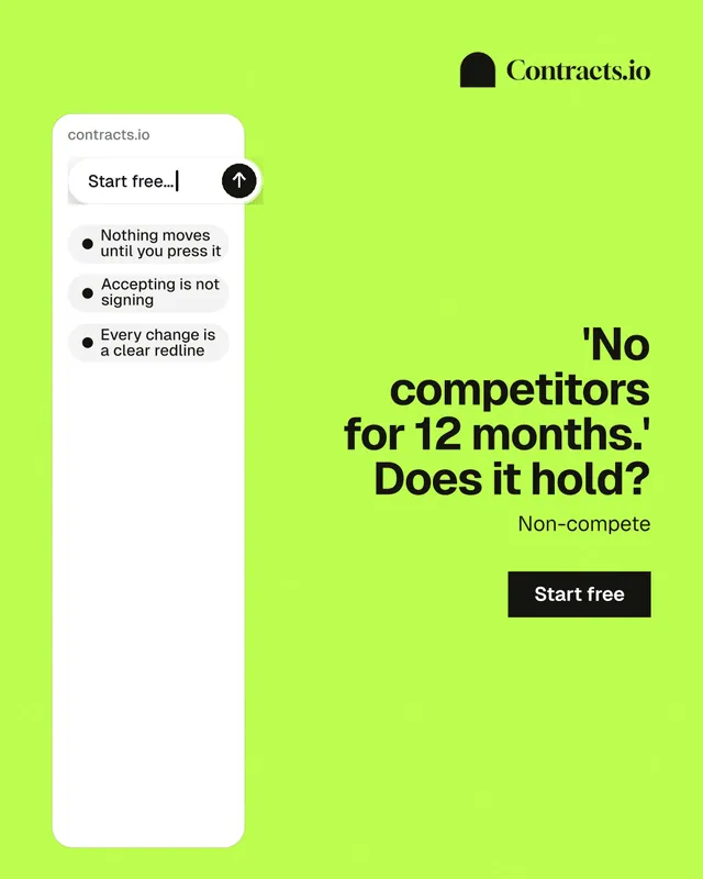 Instagram portrait post for contracts.io: "'No competitors for 12 months.' Does it hold?" Swiss style, right layout, light palette in green, white.