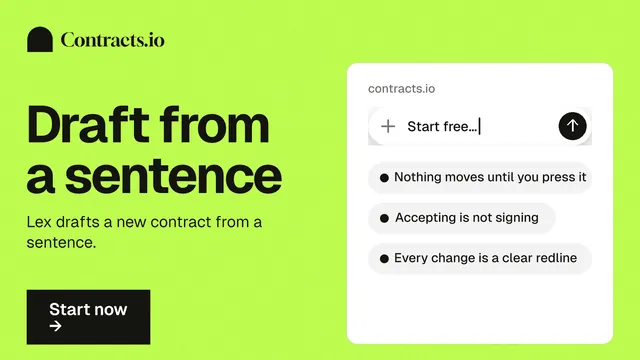 Landscape graphic for contracts.io: "Draft from a sentence". Swiss style, bottom layout, light palette in green.