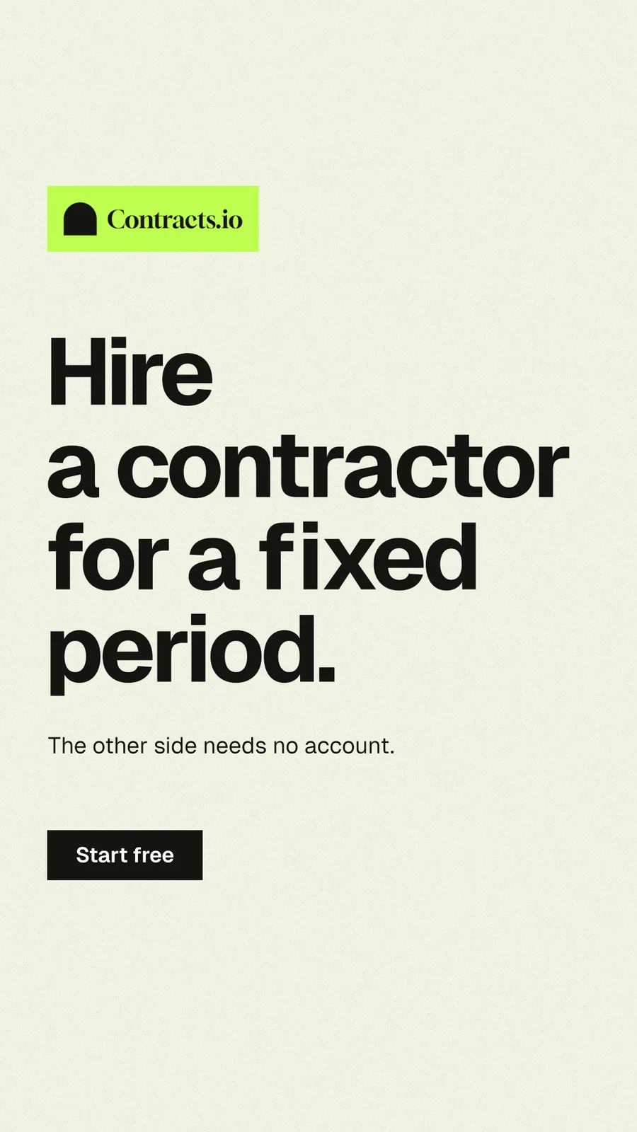 Instagram story for contracts.io: "Hire a contractor for a fixed period." Swiss style, announce layout, light palette in white, yellow, grey.