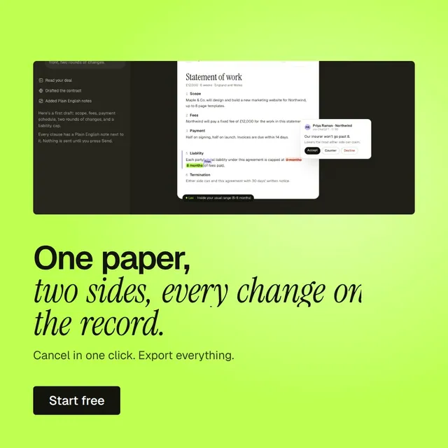 Video for contracts.io: "One paper, two sides, every change on the record.". Doc motion loop, 8.0 s, light palette.