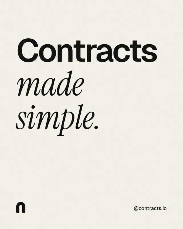 Instagram portrait post for contracts.io: "Contracts made simple." Editorial style, technique:mixed type lockup layout, light palette in white, grey.