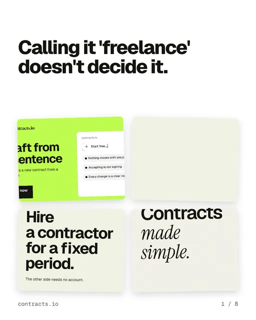 Carousel for contracts.io: "Calling it 'freelance' doesn't decide it.". Collection carousel, 8 slides, light palette.