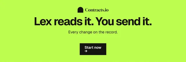 X header for contracts.io: "Lex reads it. You send it." Swiss style, centred layout, light palette in green.