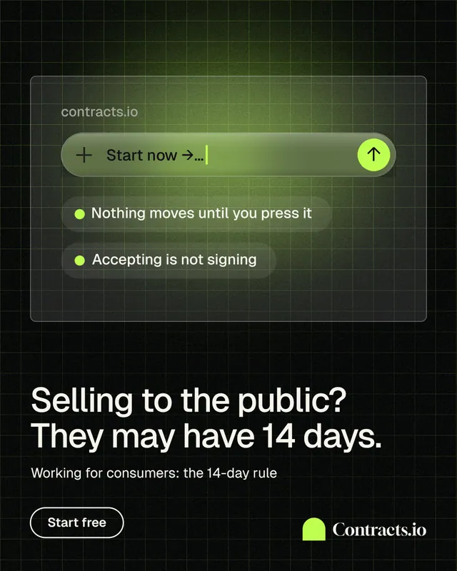 Instagram portrait post for contracts.io: "Selling to the public? They may have 14 days." Phosphor atlas style, bottom layout, dark palette in black, green.