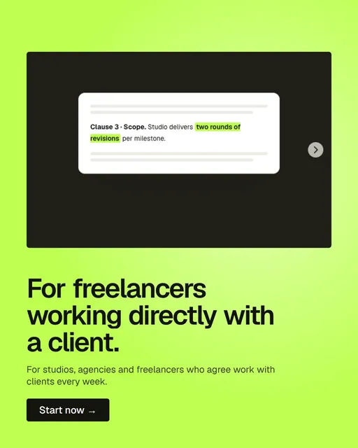 Video for contracts.io: "For freelancers working directly with a client.". Doc motion loop, 8.0 s, light palette.
