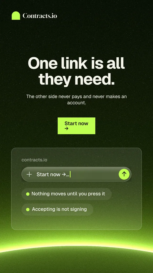 Instagram story for contracts.io: "One link is all they need." Swiss style, centred layout, dark palette in green, black.