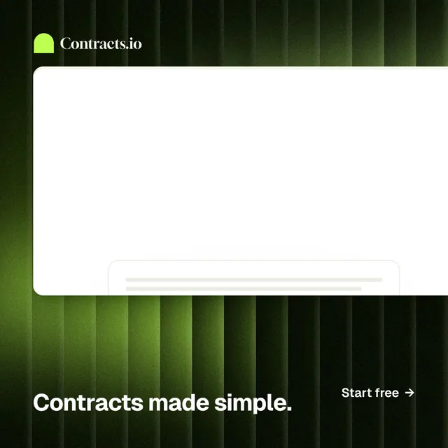 Instagram post for contracts.io: "Contracts made simple." Swiss style, image led layout, light palette in white, black, green.