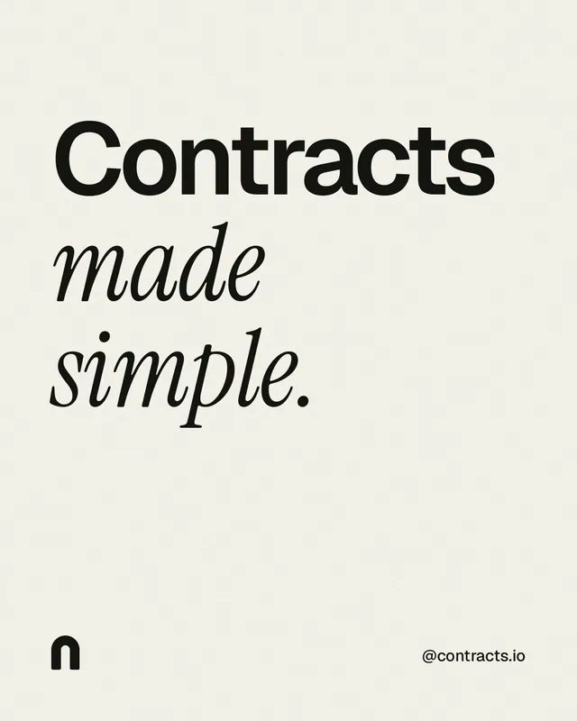 Instagram portrait post for contracts.io: "Contracts made simple." Editorial style, technique:mixed type lockup layout, light palette in white, grey.