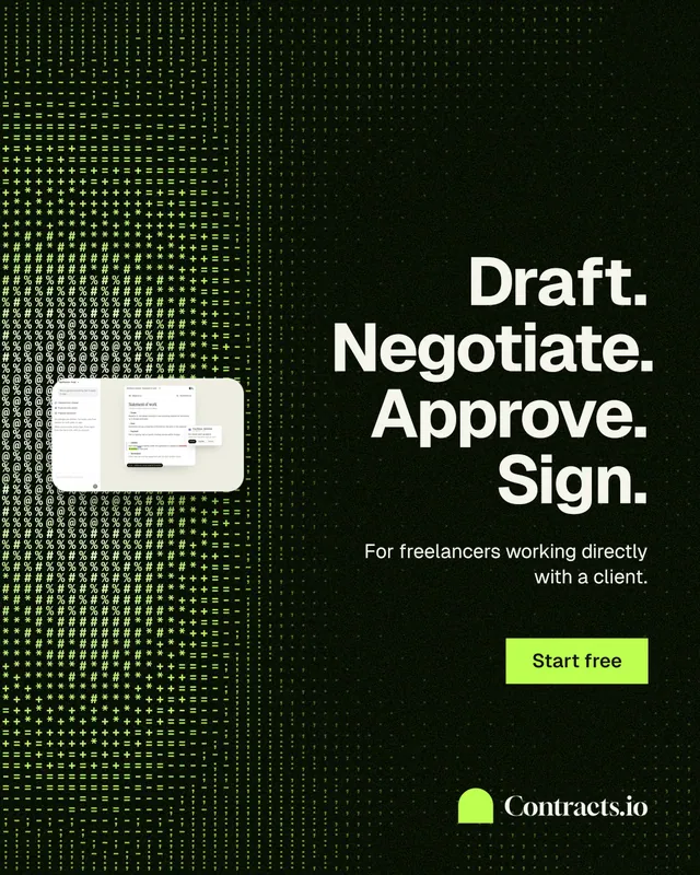 Instagram portrait post for contracts.io: "Draft. Negotiate. Approve. Sign." Swiss style, right layout, dark palette in black, grey.