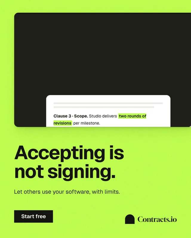 Instagram portrait post for contracts.io: "Accepting is not signing." Swiss style, bottom layout, light palette in green, black.