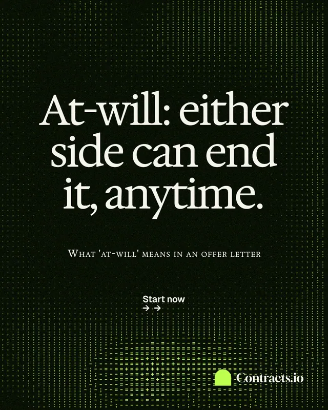 Instagram portrait post for contracts.io: "At-will: either side can end it, anytime." Swiss style, smallcaps layout, dark palette in black, grey.
