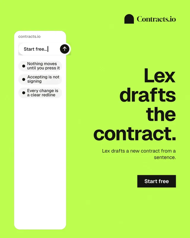 Instagram portrait post for contracts.io: "Lex drafts the contract." Swiss style, right layout, light palette in green, white.