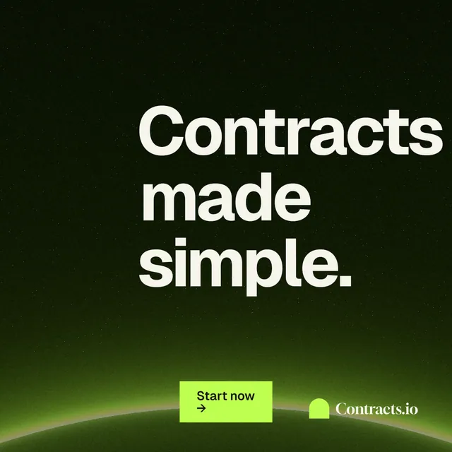 Instagram post for contracts.io: "Contracts made simple." Swiss style, centred layout, dark palette in black, green.