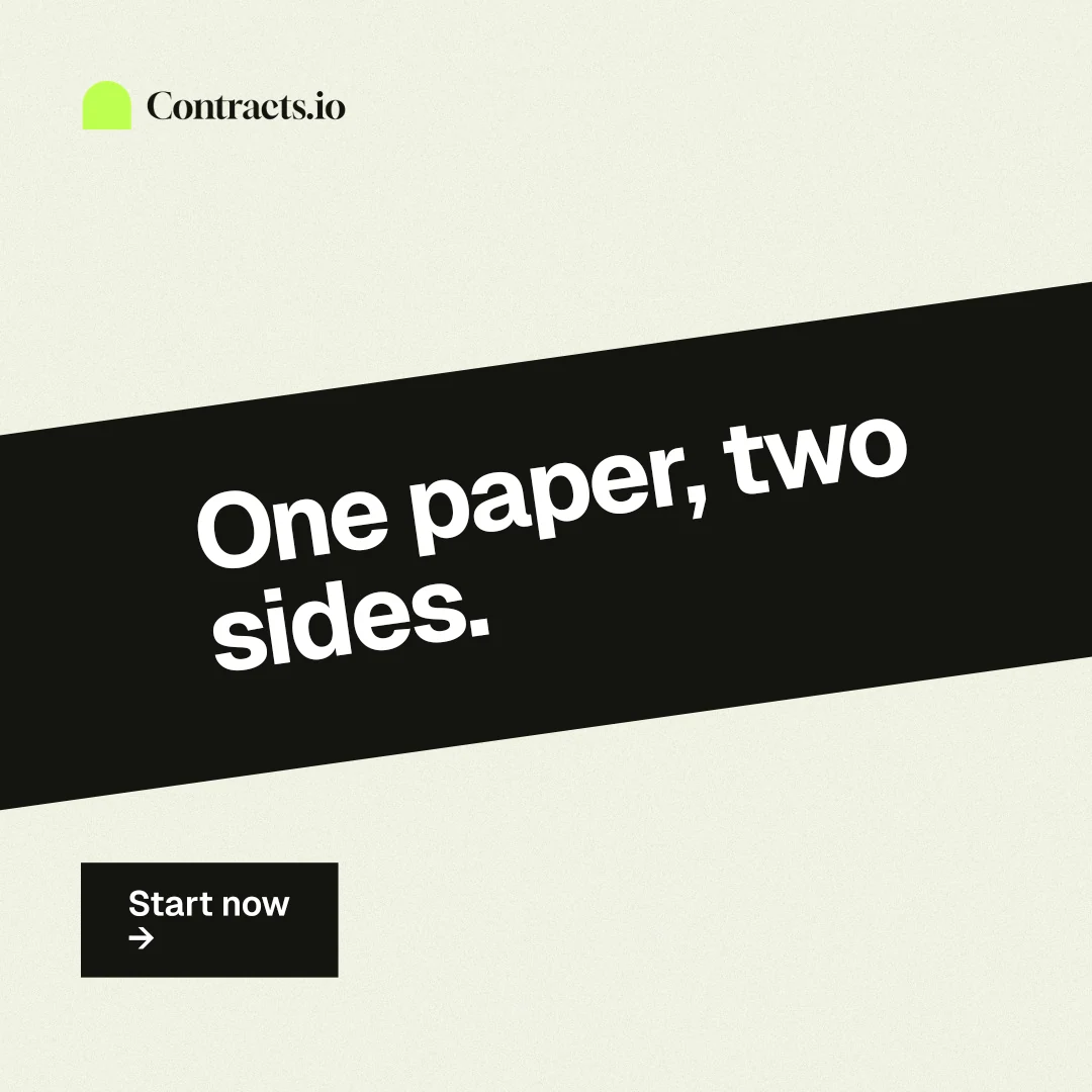 Instagram post for contracts.io: "One paper, two sides." Swiss style, diagonal layout, light palette in white, black, green.