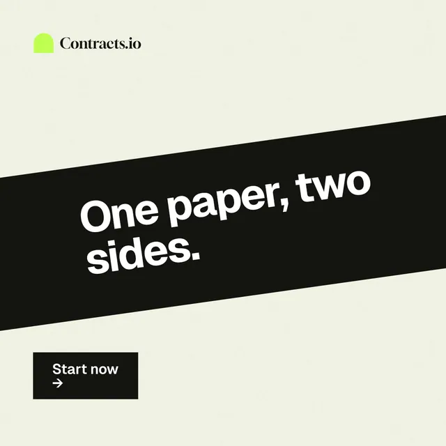Instagram post for contracts.io: "One paper, two sides." Swiss style, diagonal layout, light palette in white, black, green.
