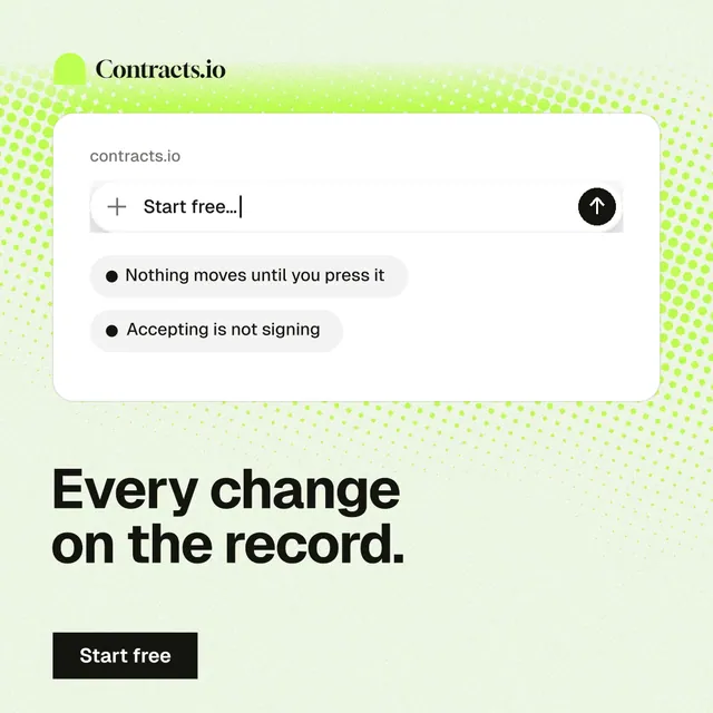 Instagram post for contracts.io: "Every change on the record." Swiss style, bottom layout, light palette in green, white, grey.