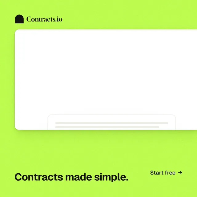 Instagram post for contracts.io: "Contracts made simple." Swiss style, image led layout, light palette in green, white.